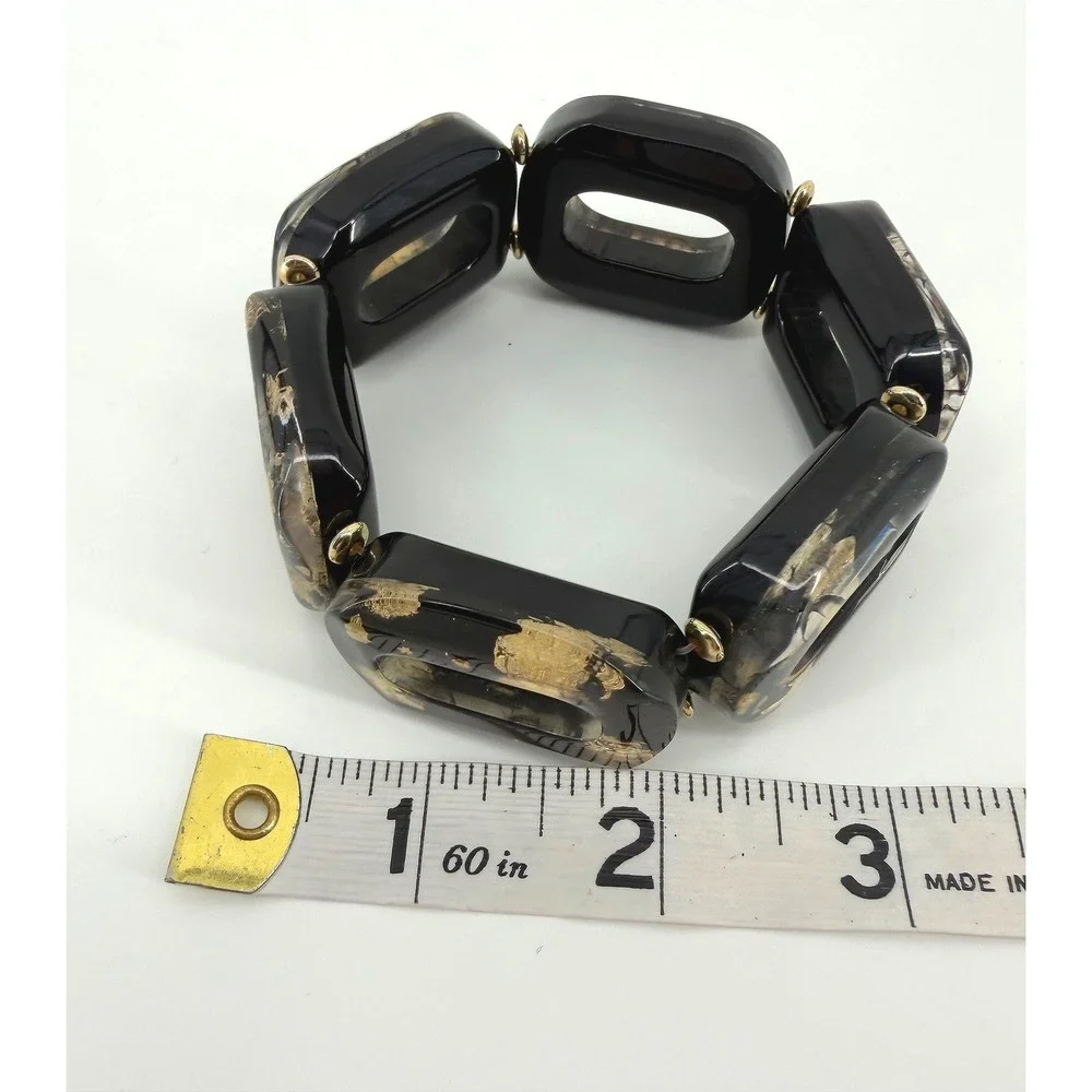 Black and Gold Leaf Resin Chunky Stretch Bracelet Statement Rectangular Link
